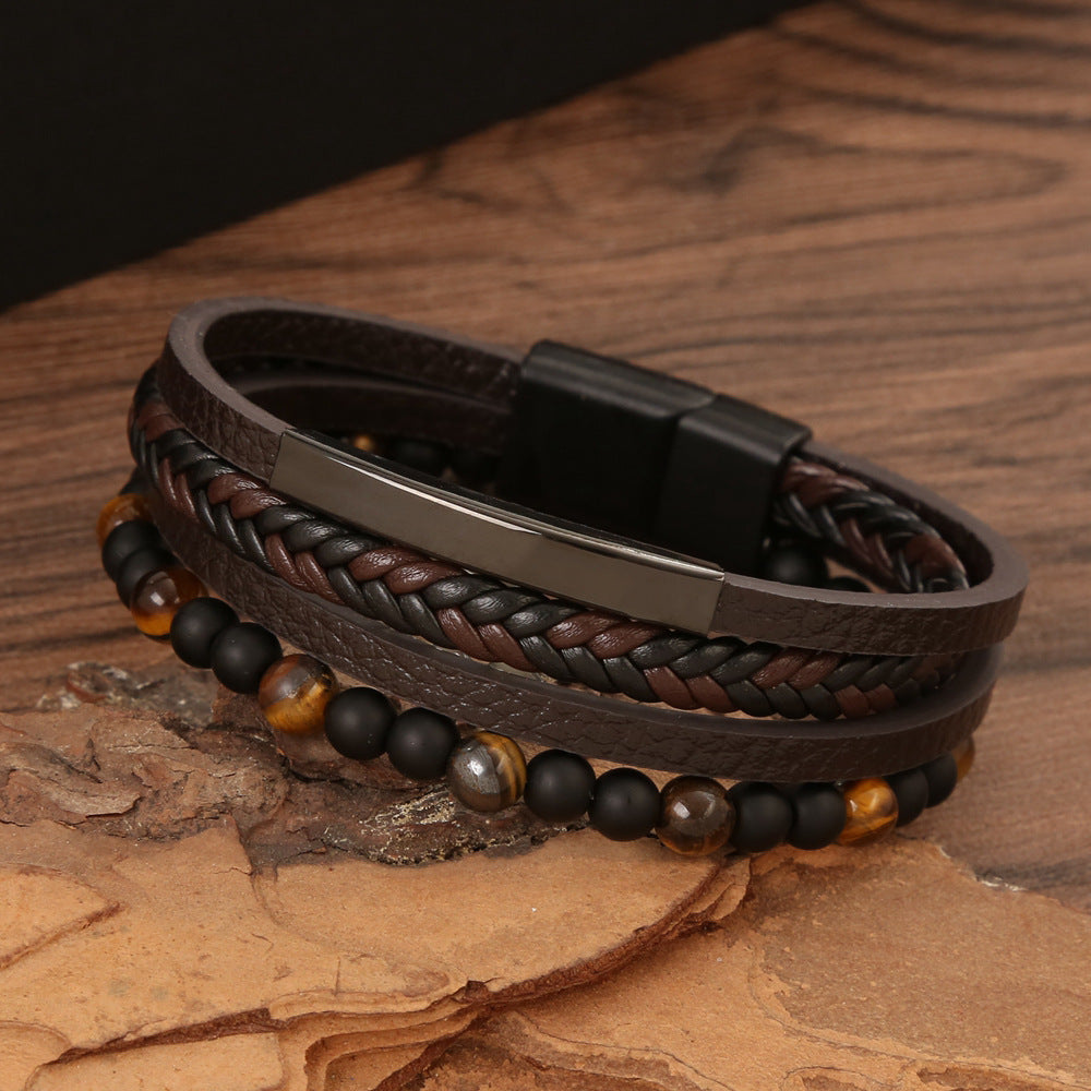 Men's Natural Stone Vintage Leather Hand-woven Alloy Bracelets