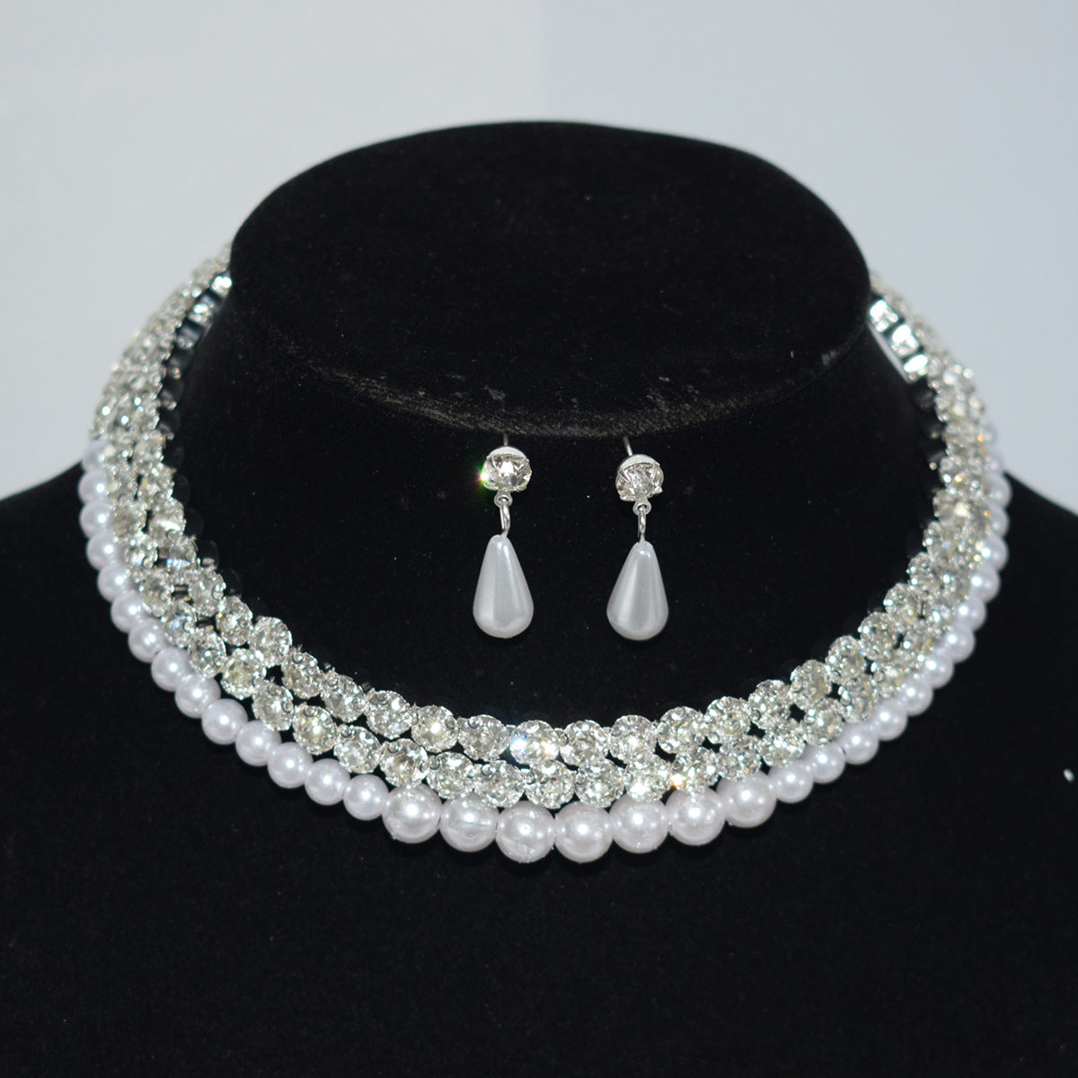 Pearl Diamond Collar Bridal Rhinestone Three-piece Jewelry Set