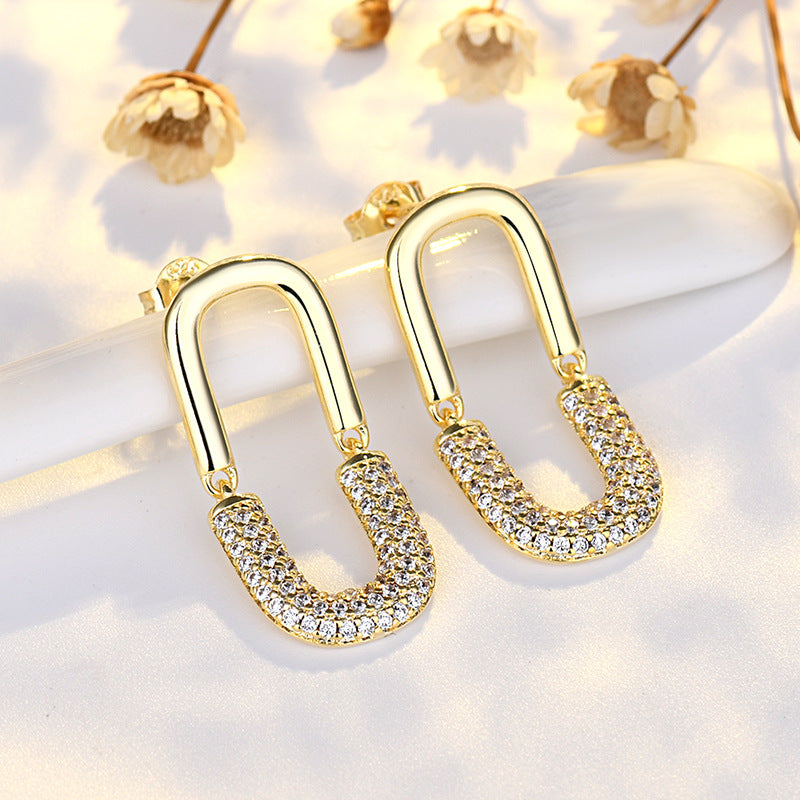 Boucles d'oreilles femme plaquées or double forme de U avec diamants complets