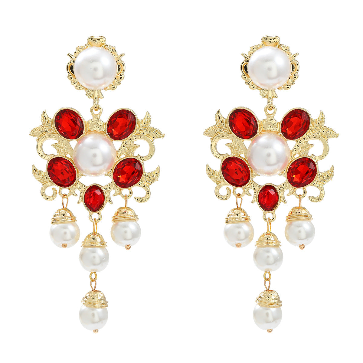 Women's Flower Exaggerated Alloy Diamond Inlaid Pearl Earrings