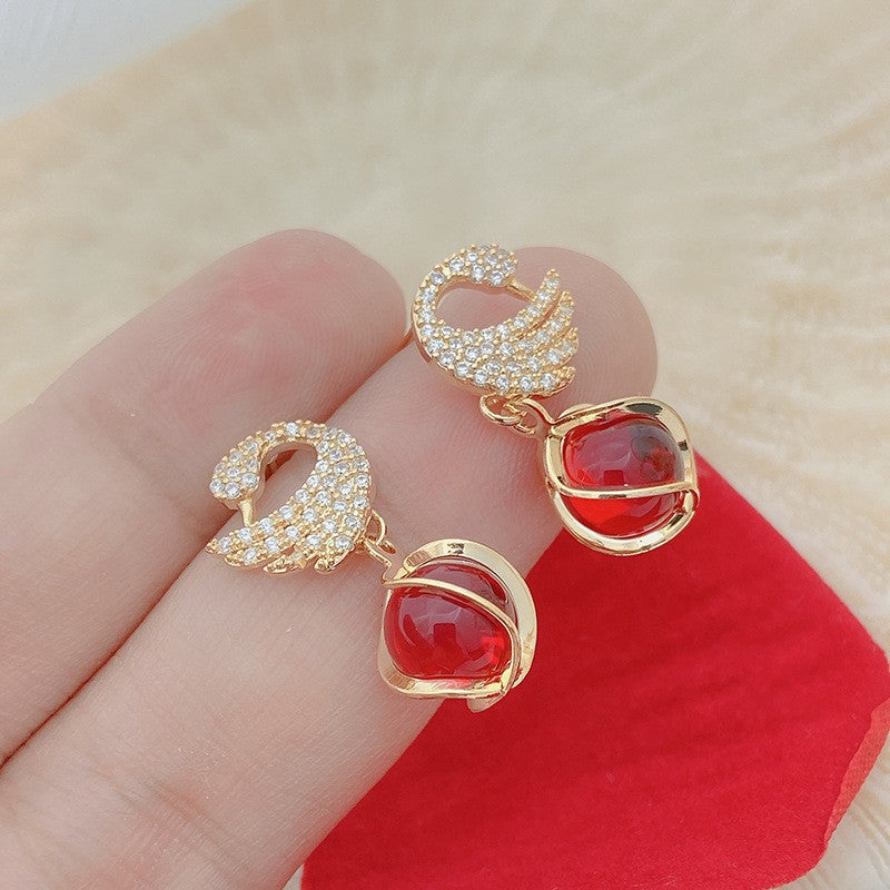 High-grade Swan Trendy Temperament Red Opal Earrings