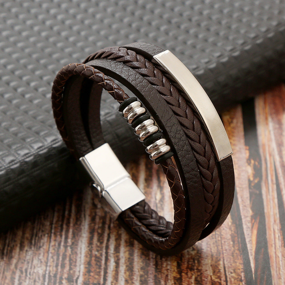 Men's Steel Magnetic Buckle Leather Cowhide String Bracelets