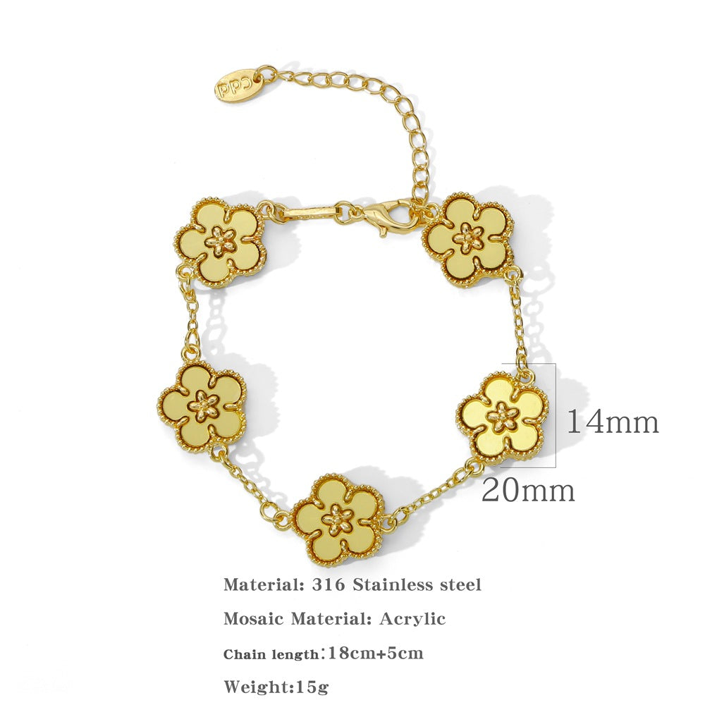 Women's Style Titanium Steel Five Gold Flower Pendant Bracelets