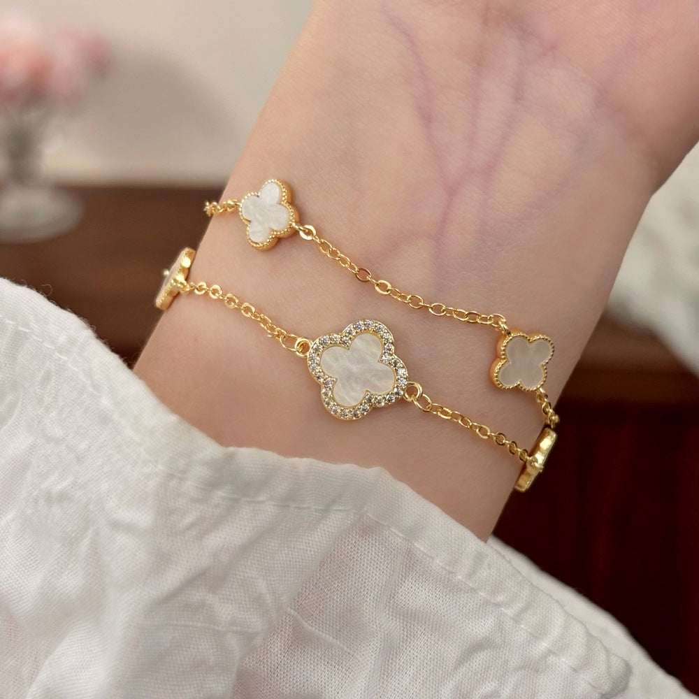 Style Light Luxury High-grade Versatile Micro Inlaid Zircon Four-leaf Flower Bracelets
