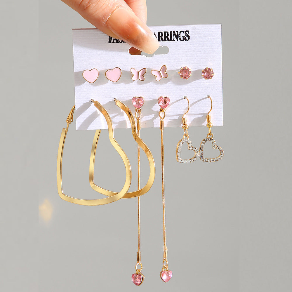 Retro Love Star Chain Pink Diamond Earrings