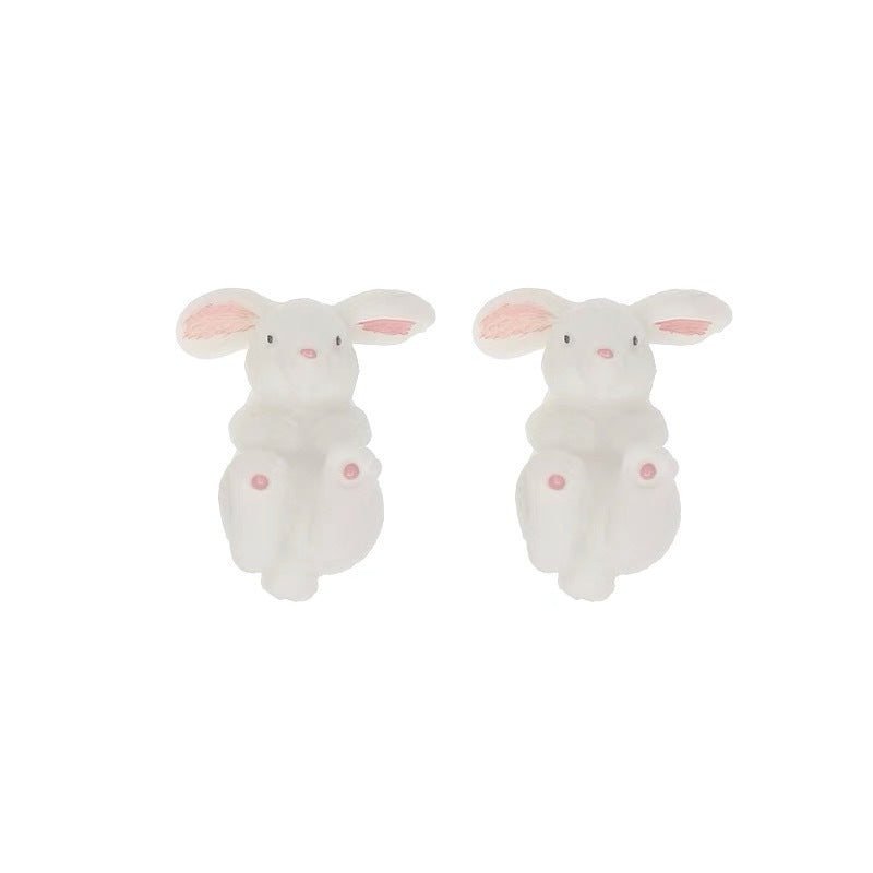 Mignon lapin tridimensionnel Animal flocage doux et boucles d'oreilles