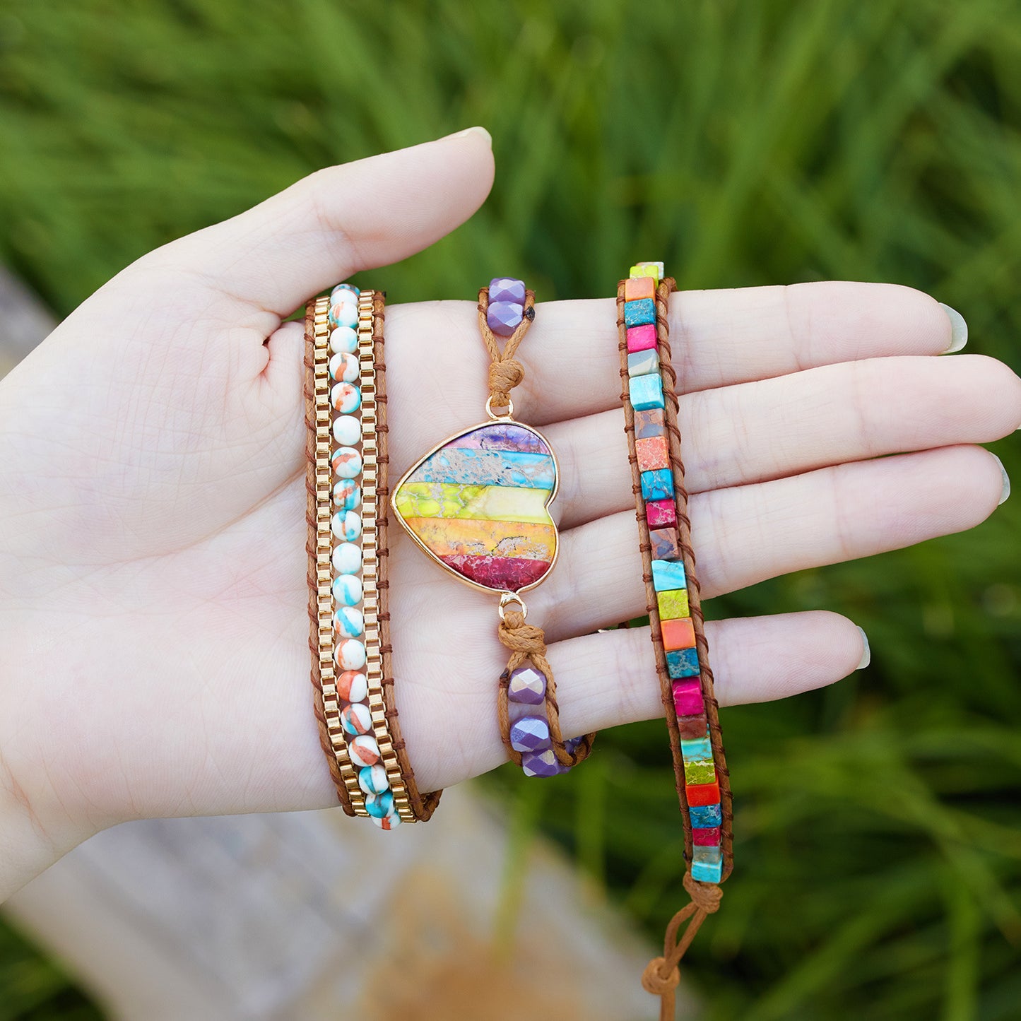 Ethnic Style Love Leather Colorful Stone Natural Bracelets