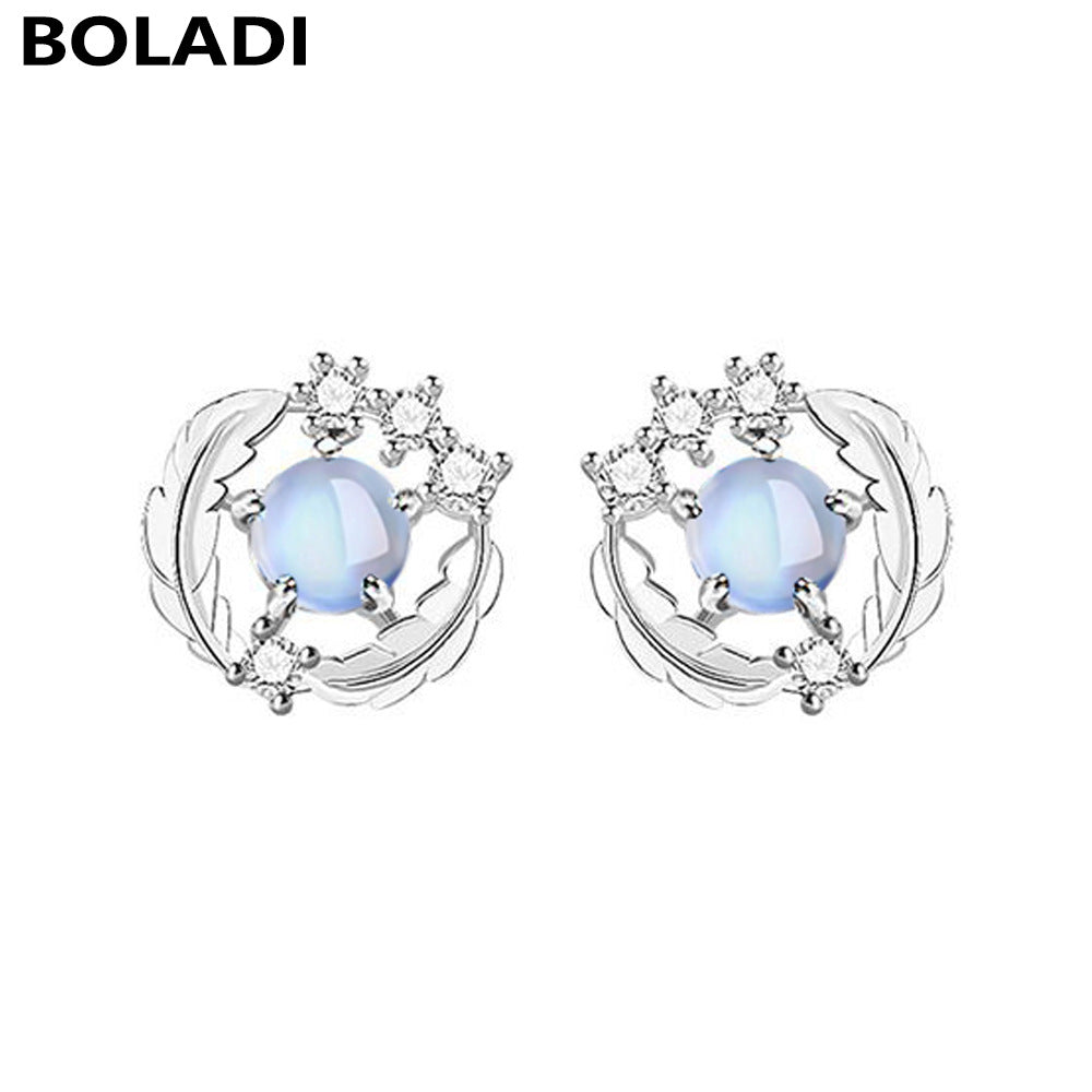 Sier Feather You Accompany Fashion Moonstone Earrings