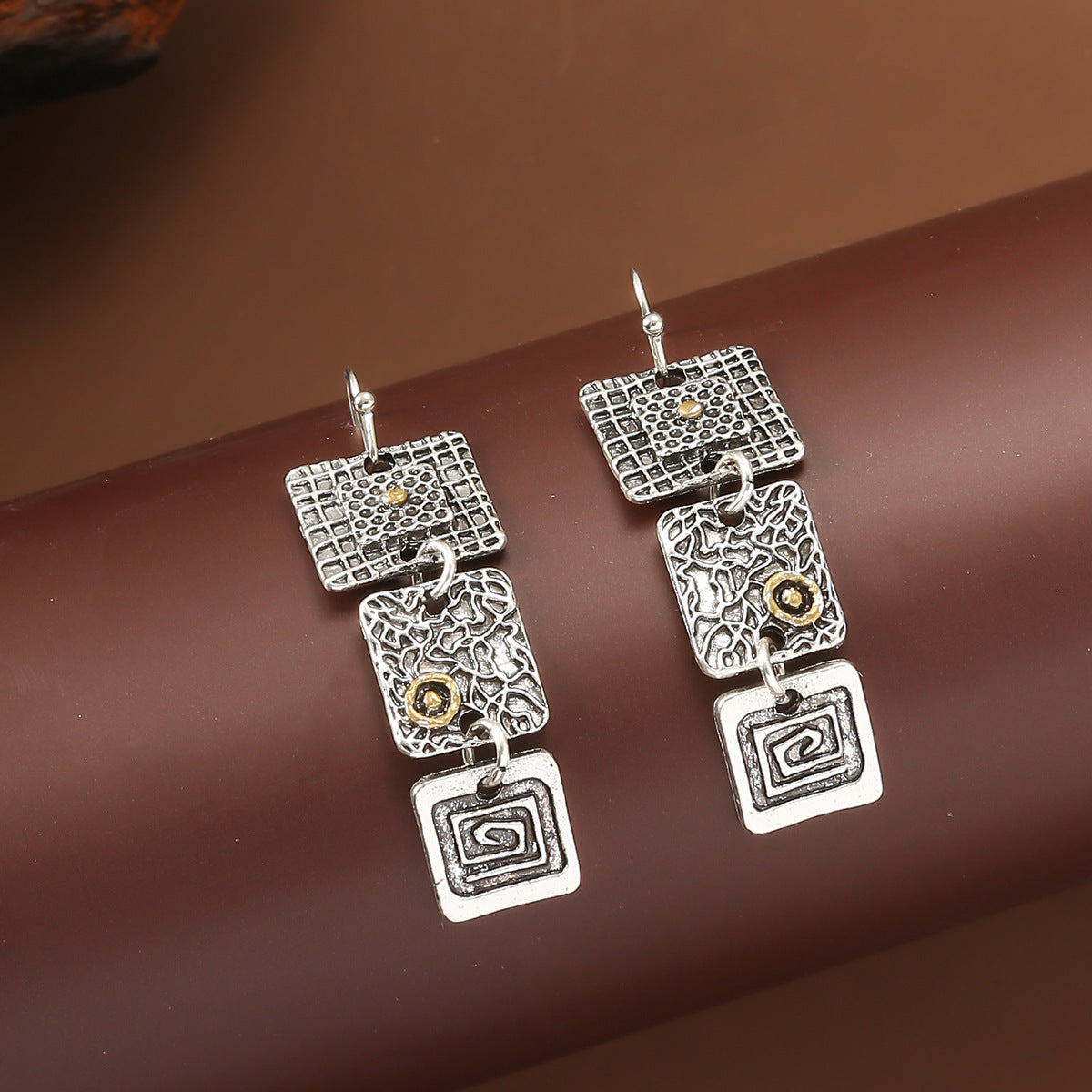 Women's Tribal Geometric Carved Square Metal Punk Earrings