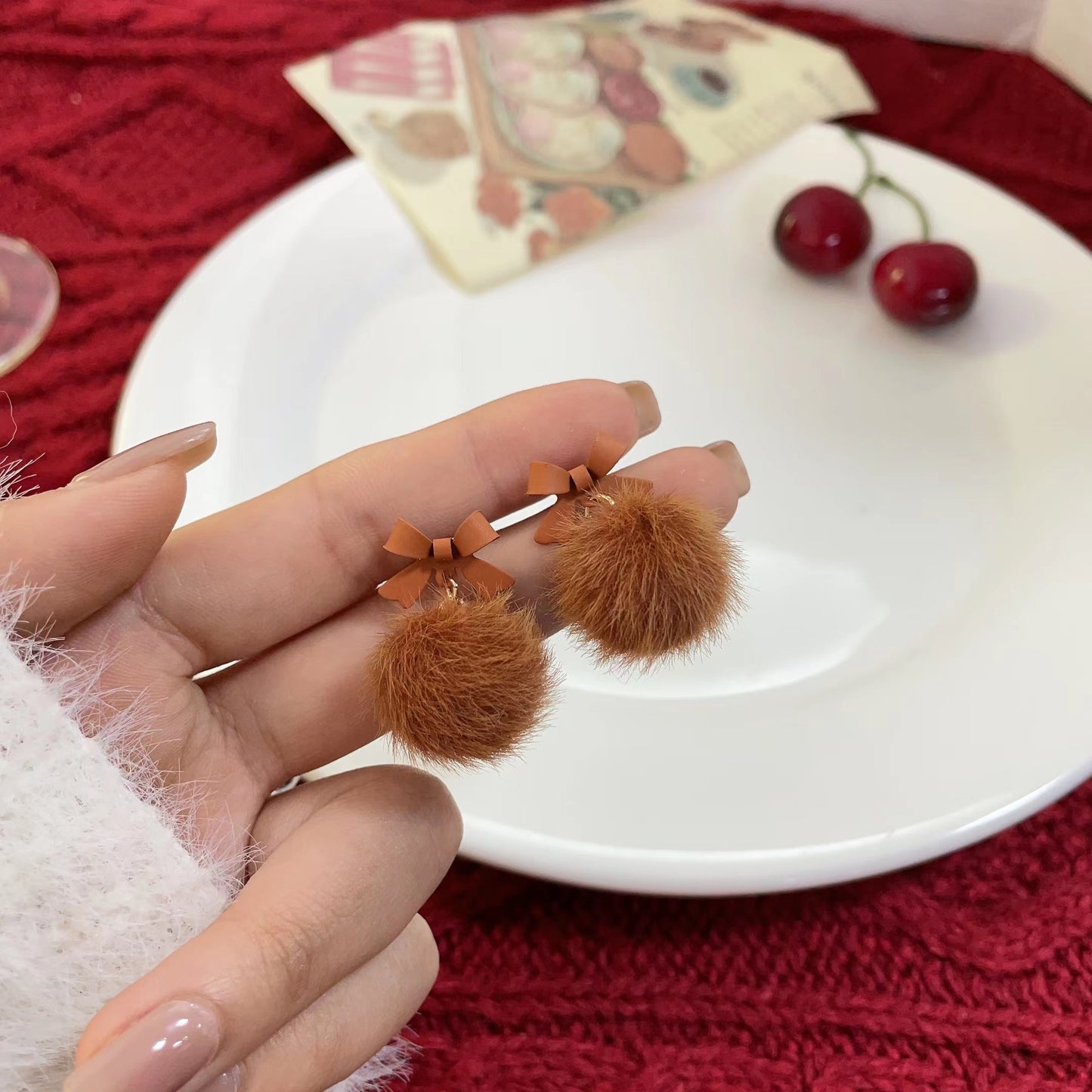 Bow Fur Ball Fairy Ear Clip Earrings