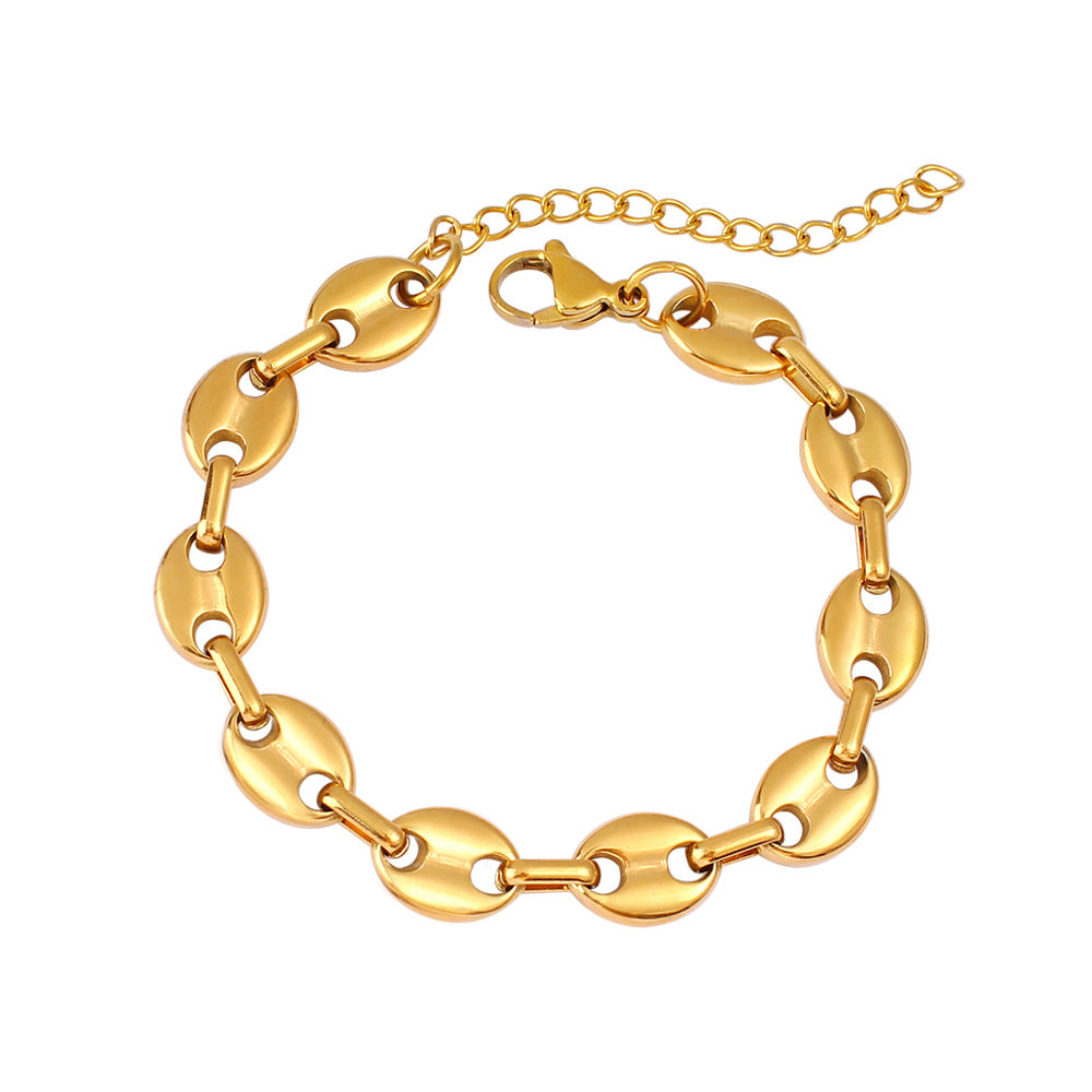 Women's & Men's Hip Hop Coffee Beans Gold Titanium Steel Pig Jewelry Set
