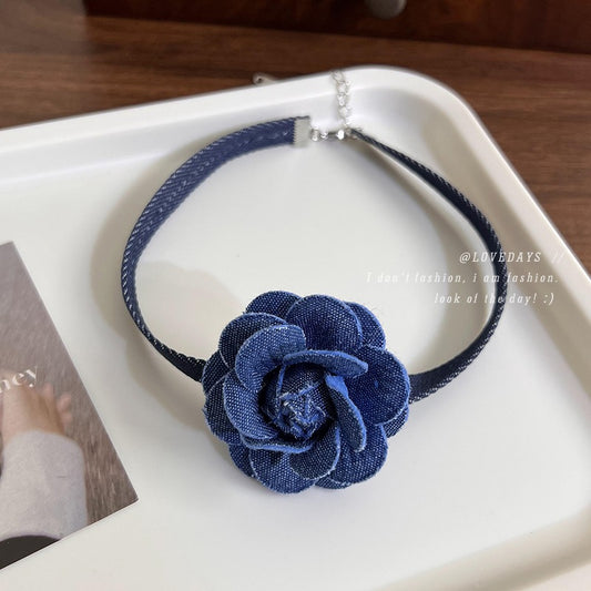 Retro Elegant Three-dimensional Denim Blue Flower Necklaces