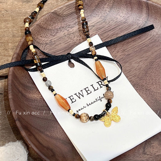 Women's Chinese Brown Natural Tigereye Beaded Agate Clavicle Necklaces