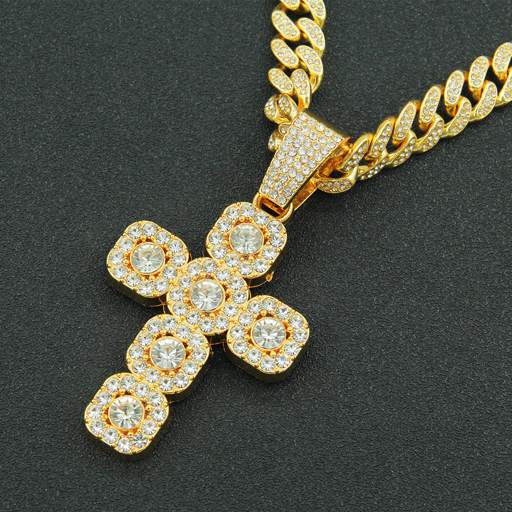 Men's Hop Full Diamond Cross Pendant Cuban Link Chain Necklaces