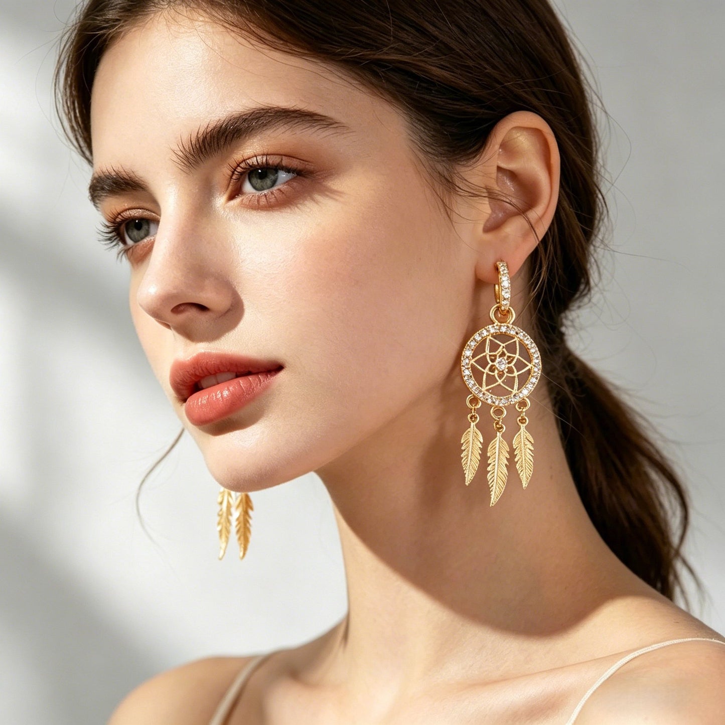 Sier Feather Copper Six-pointed Star Tassel Earrings