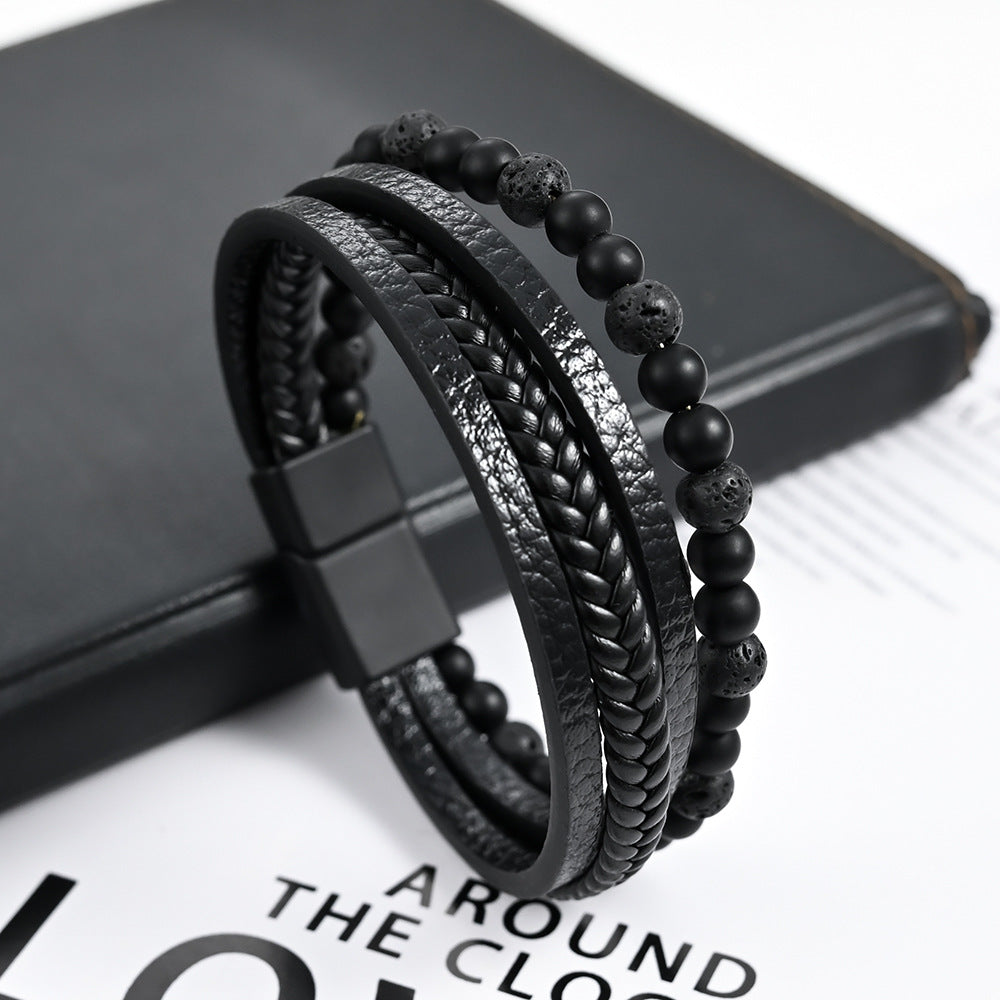 Men's Woven Natural Stone Alloy Leather Beaded Bracelets
