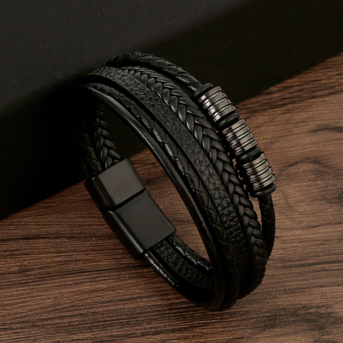 Men's Stainless Steel Woven Leather Magnetic Buckle Bracelets