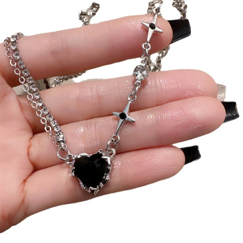 Women's Personalized Rhinestone Fashion Black Heart For Sweet Grace Cool Cold Necklace