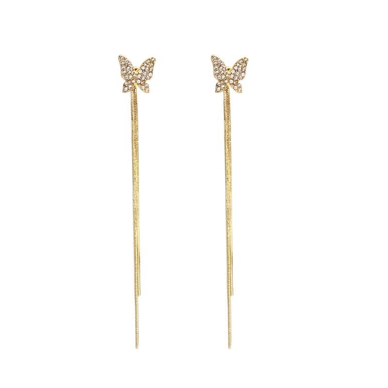 Sier Style Diamond Butterfly Long Fringe Earrings