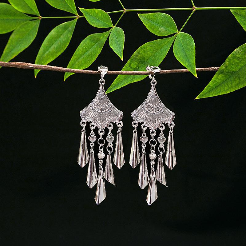 Women's Ethnic Geometric Tassel Ear Clip Miao Sier Retro Elegant Earrings