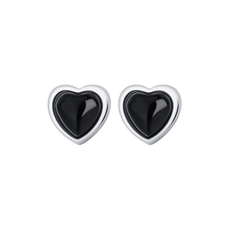 Sier Black Agate Heart-shaped Pearl Shell Earrings