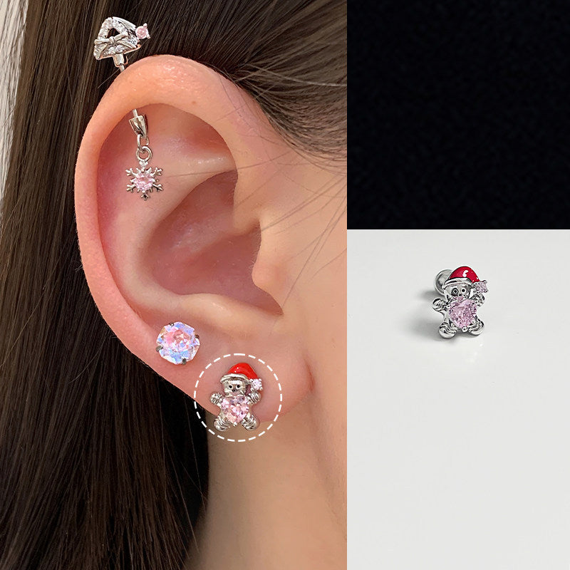 Pink Christmas Devil Ear Bone Snowflake Titanium Stud Earrings
