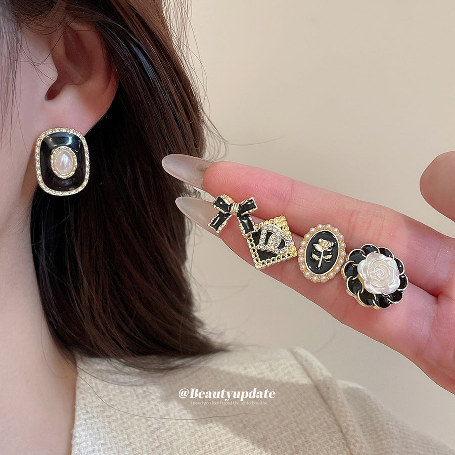 Women's Drop Oil Rhinestone Pearl Earings French Style Retro Elegant Rings