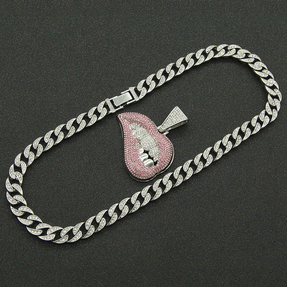 Men's Pink Lip Diamond Tooth Pendant Domineering Cool Necklaces