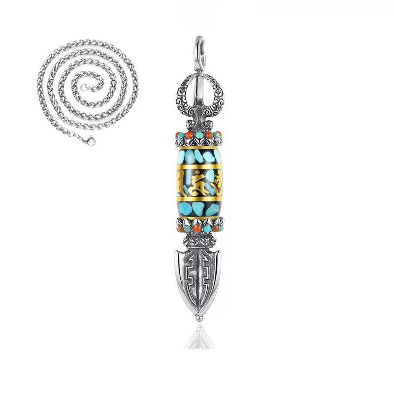 Men's Sier Vajra Pendant Turquoise Six Words Mantra Necklaces