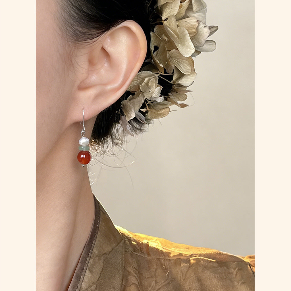 Women's Chinese Style Natural Red Agate Freshwater Stringed Pearls Artistic Vintage Earrings