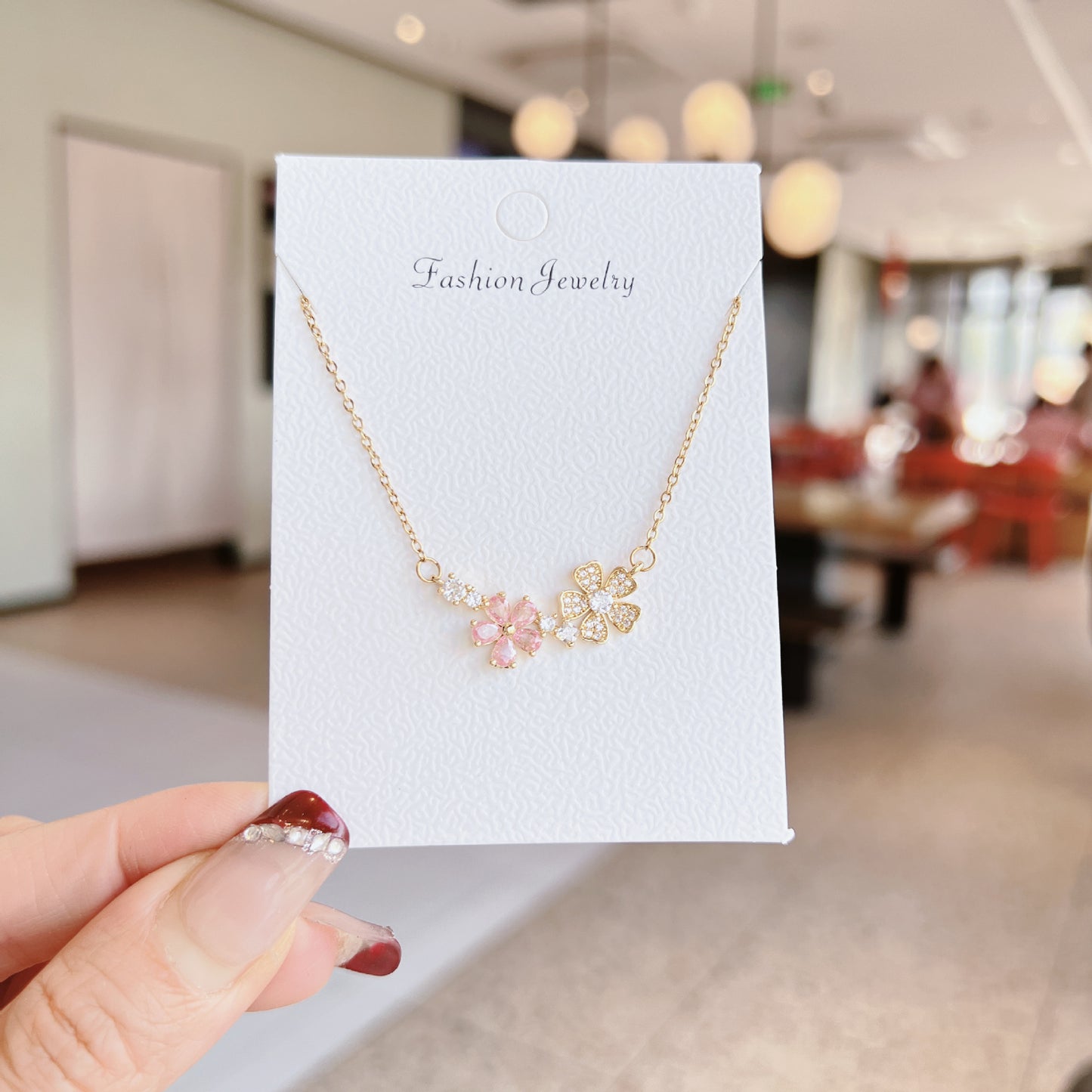Luxury Sweet Super Pink Flowers Water Drop Female Fully Jeweled Necklace