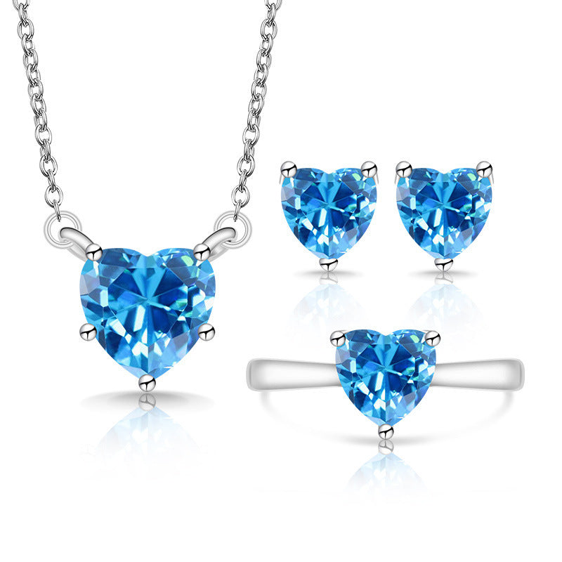 Fashion Trendy Heart-shaped Zircon Colored Gems Korean Style Love Crystal Jewelry Set