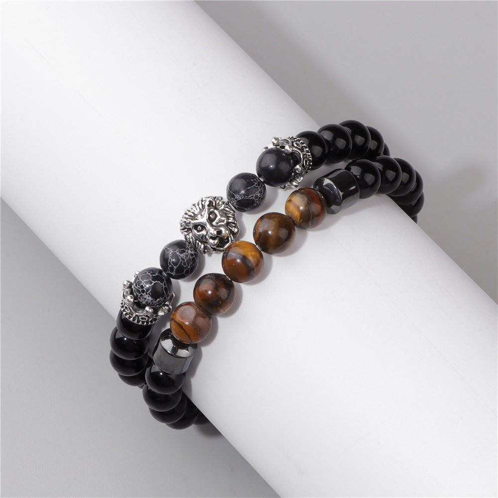 Men's Natural Stone Beads Retro Business Bright Black Lion's Bracelet