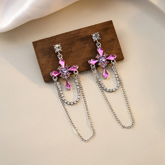 Pink Diamond Cross Light Luxury Square Chain Earrings