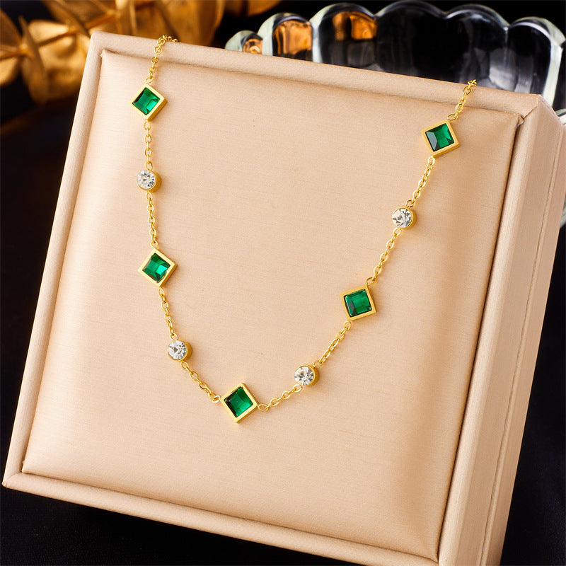 Steel Cube Emerald Zircon Personality Simple Niche Necklaces