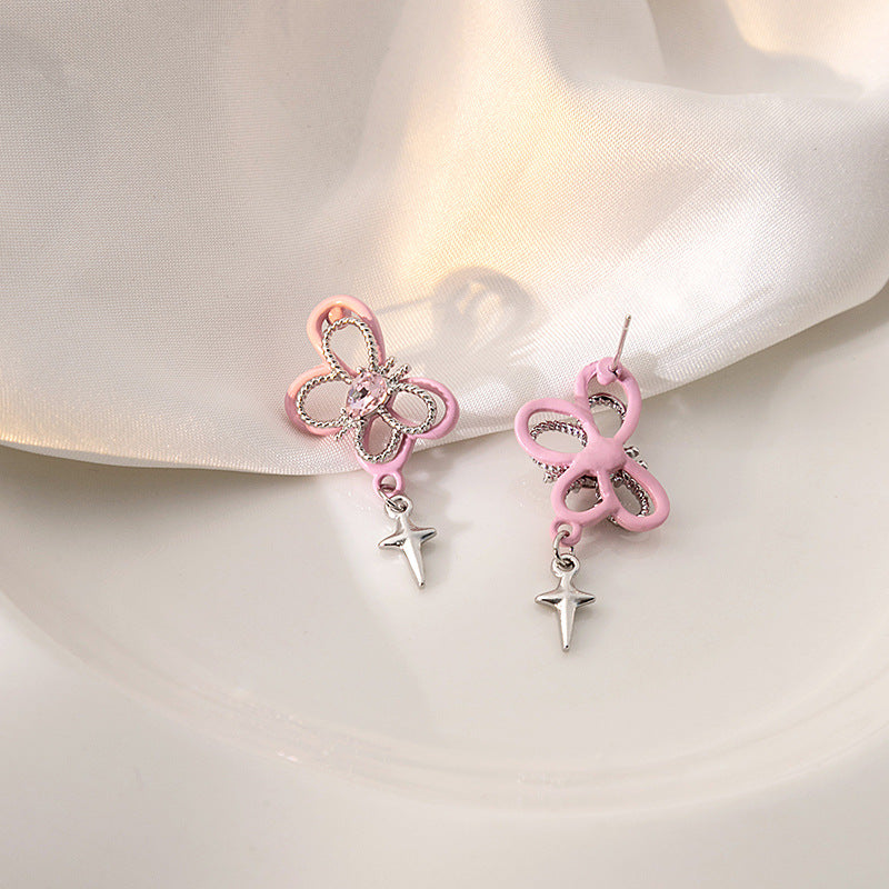 Sier Needle Design Butterfly Hollow Sweet Earrings