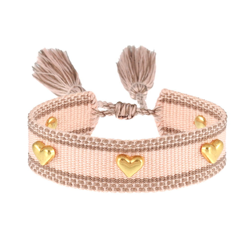 Couple Golden Heart-shaped Carrying Strap Hand-woven Tassel Bracelets