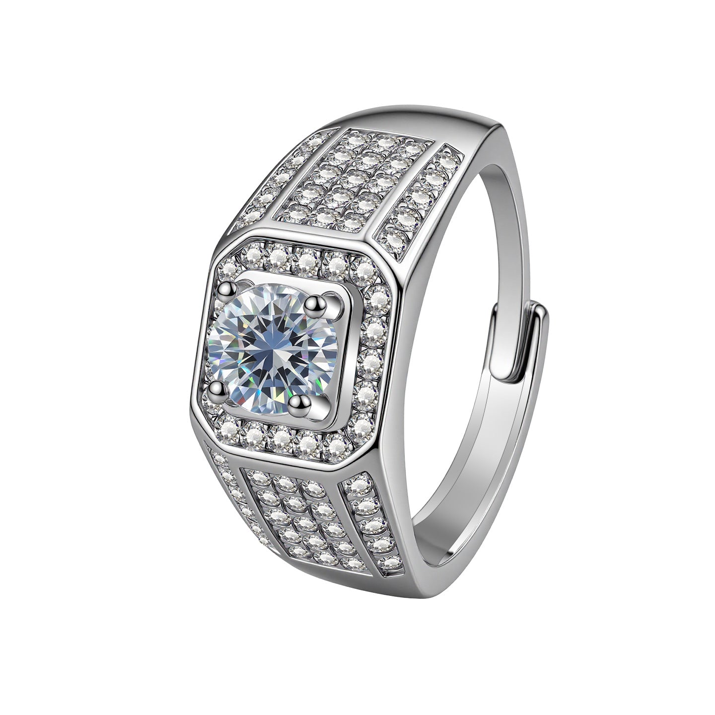 Men's Plated White Gold Business Opening Light Luxury Full Diamond Ring