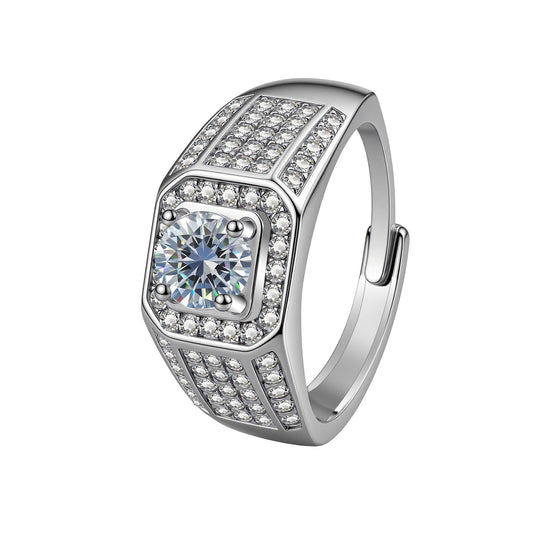 Men's Plated White Gold Business Opening Light Luxury Full Diamond Ring