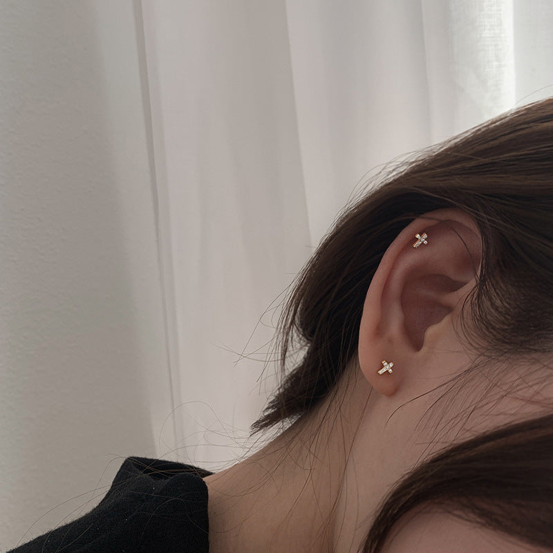 Women's Diamond Cross Sterling Sier Simple Small Stud Earrings