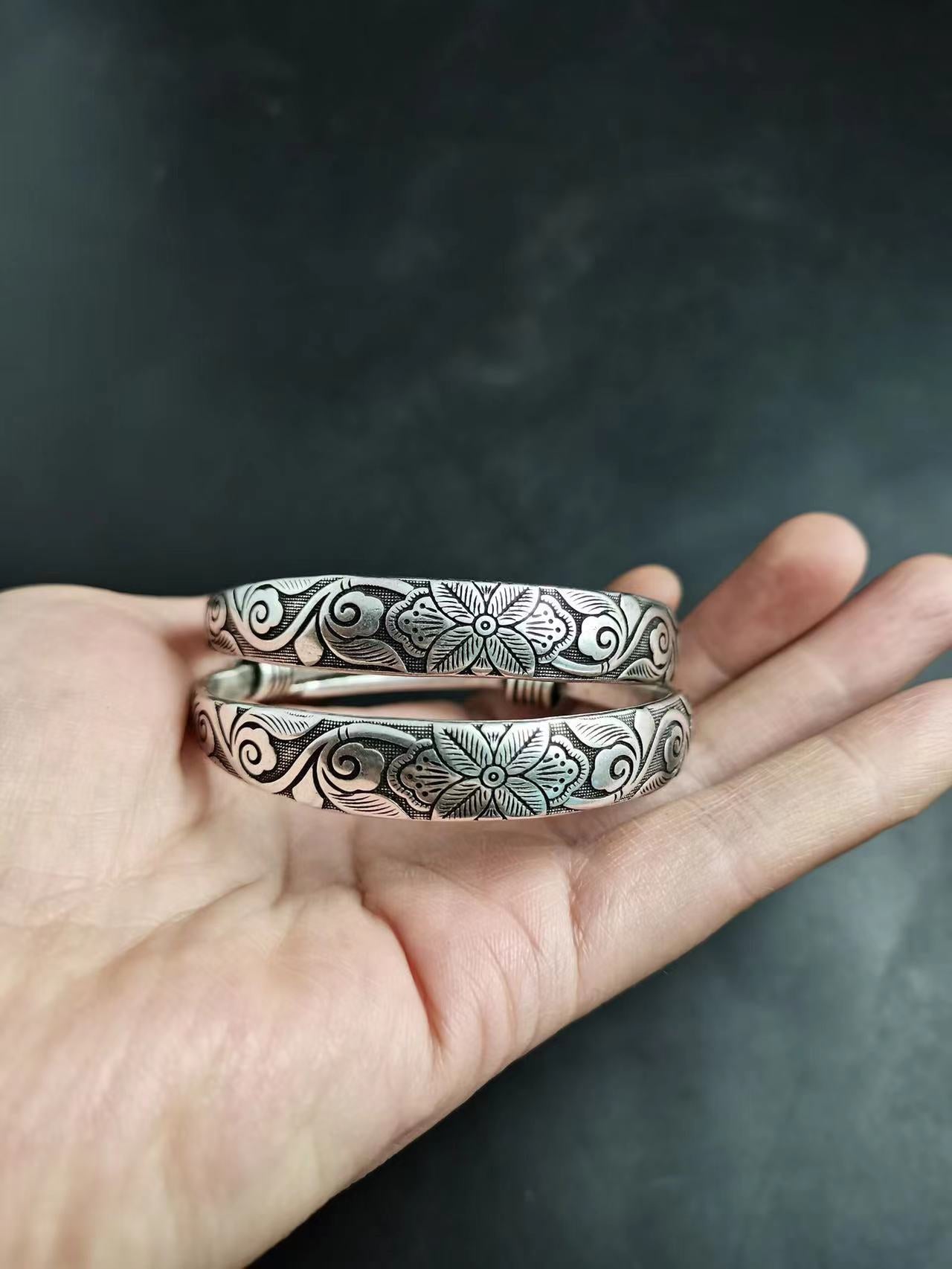 Tibetan Sier Miao Vintage Ethnic Style Fu Lu Shou Plated Bracelet