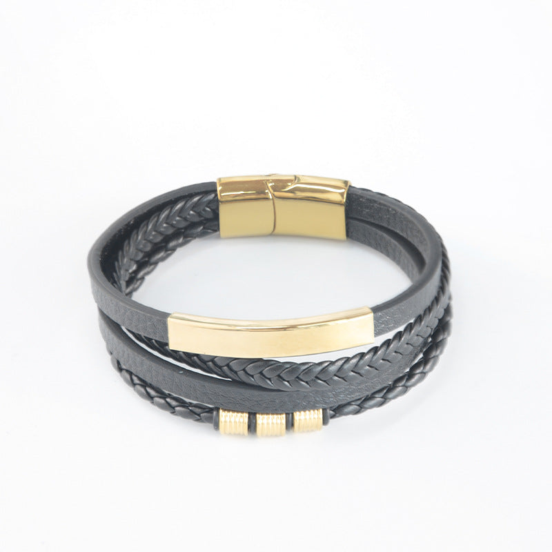 Men's Steel Feather Vintage Woven Leather String Bracelet