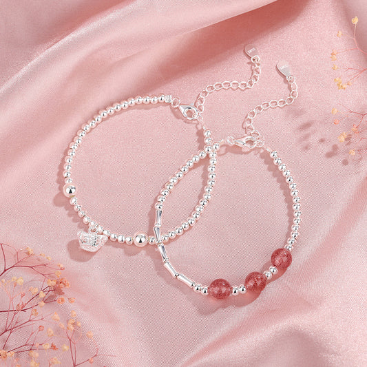 Sterling Sier Broken Strawberry Quartz Bamboo Bracelets