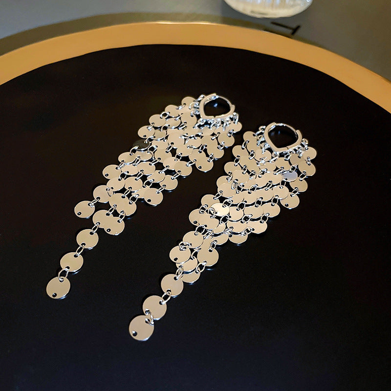 Sier Needle Matte Ear Hook Diamond Design Tassel Light Luxury Earrings