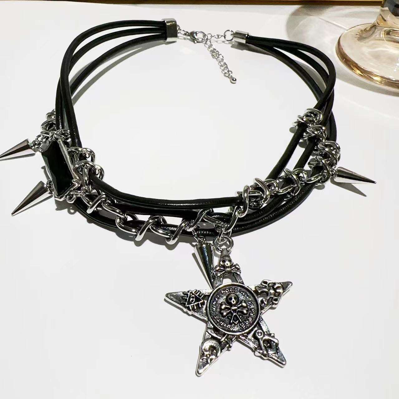 Star Teeth Leather Rope Twin Clavicle Necklaces