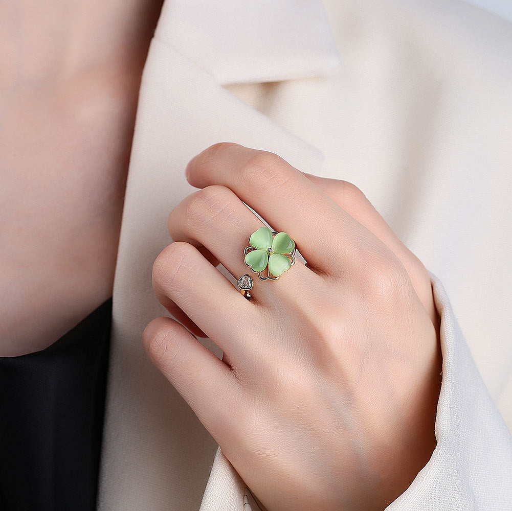 Imitation Jade Green Fresh Rotatable Four-leaf Flower Clover Rings