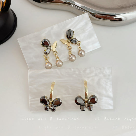 Exquisite Butterfly Pearl Pendant Female Sier Needle Earrings