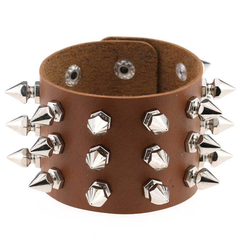 Punk Exaggerated Leather Tapered Pointed Rivet Three Bracelets