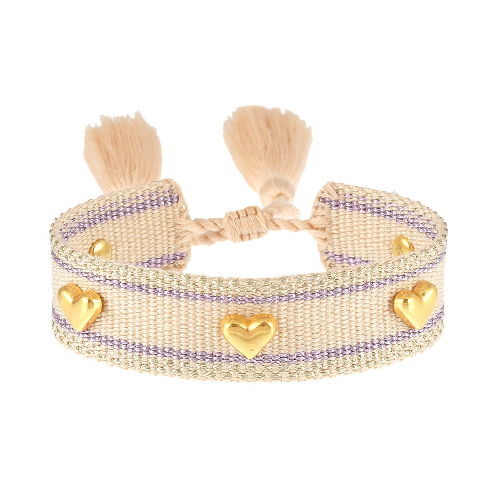 Couple Golden Heart-shaped Carrying Strap Hand-woven Tassel Bracelets