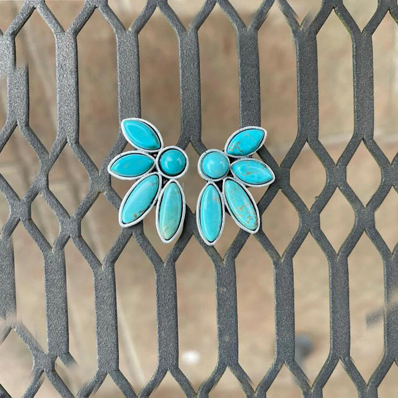 Retro Personalized Fan-shaped Turquoise Creative Petals Stud Earrings